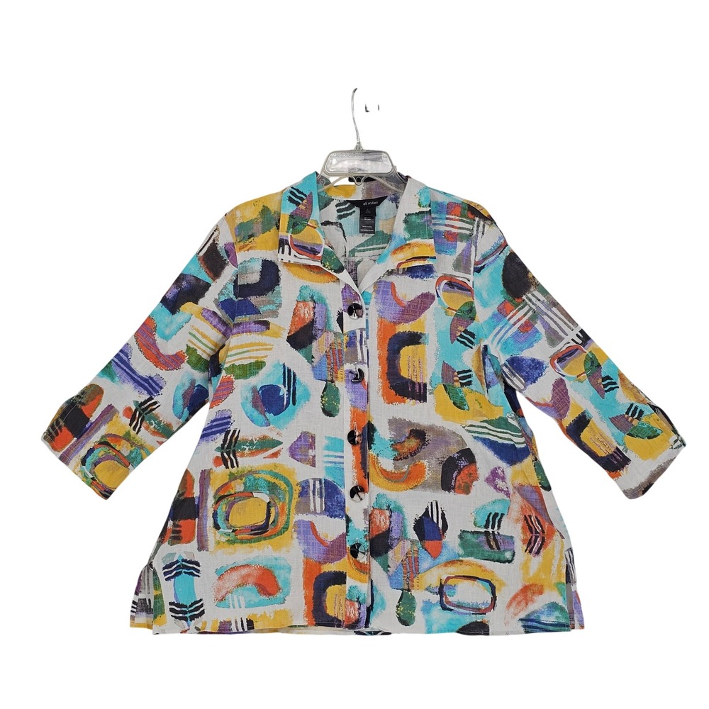 Ali Miles Linen Cotton Tunic Top L Multicolor Abstract 3/4 Sleeve Coastal Artsy
